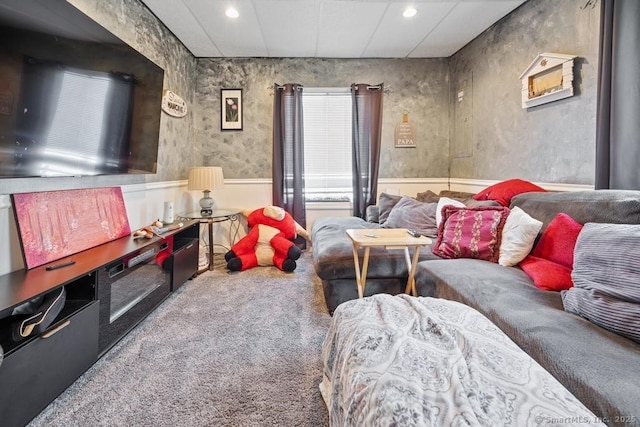 playroom featuring carpet floors, recessed lighting, and a wainscoted wall