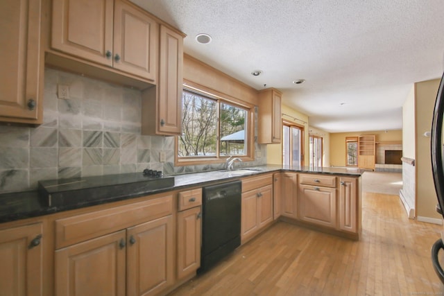 kitchen featuring tasteful backsplash, a sink, light wood-type flooring, dishwasher, and a peninsula