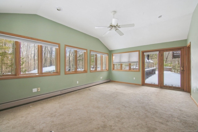 unfurnished sunroom featuring a baseboard radiator, ceiling fan, and lofted ceiling