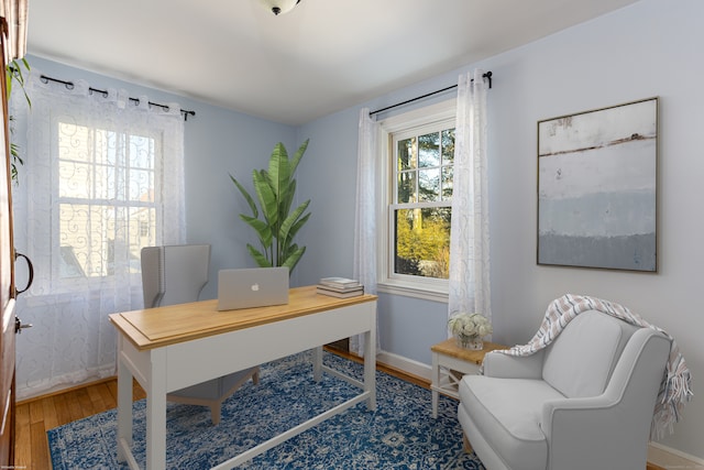 home office with hardwood / wood-style flooring and a wealth of natural light