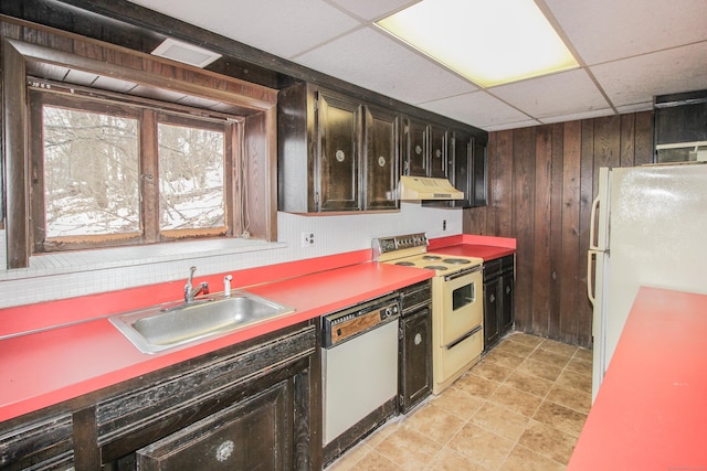 kitchen featuring white appliances, wooden walls, a drop ceiling, under cabinet range hood, and a sink