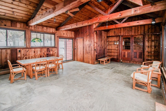279 Candlewood Lake Rd, Brookfield, CT 06804 - dining area with wood ceiling, lofted ceiling with beams, and wood walls