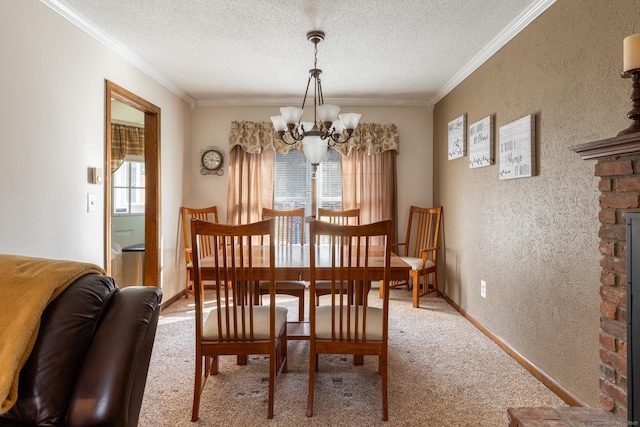 dining area featuring a textured ceiling, a notable chandelier, crown molding, and a textured wall