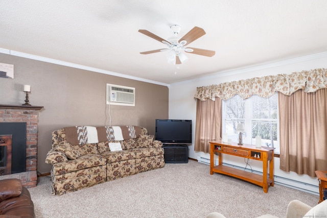 living room with ornamental molding, a wall mounted AC, carpet, a fireplace, and a baseboard radiator