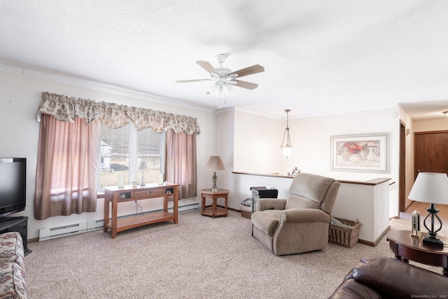 living room with baseboards, carpet, ornamental molding, a textured ceiling, and a ceiling fan