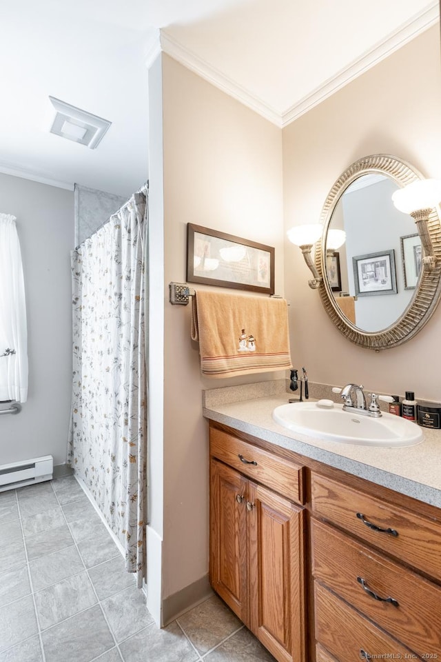 full bathroom with tile patterned flooring, visible vents, crown molding, vanity, and a baseboard radiator