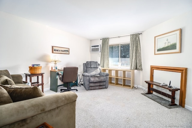 living room featuring a wall mounted air conditioner and carpet flooring