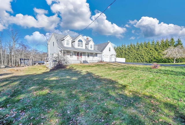 cape cod house with a front yard and a porch