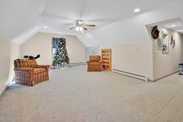 sitting room featuring ceiling fan, lofted ceiling, carpet flooring, and baseboard heating