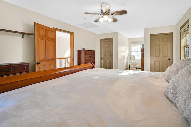 bedroom with multiple closets and ceiling fan