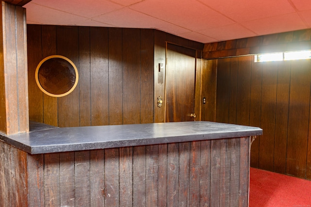 bar featuring a dry bar, carpet flooring, a paneled ceiling, and wooden walls