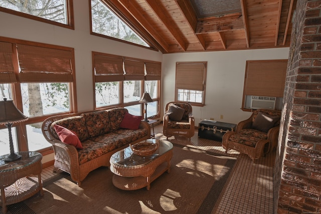 carpeted living room featuring high vaulted ceiling, cooling unit, wooden ceiling, and beamed ceiling