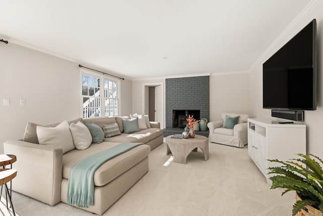 living area with light colored carpet, crown molding, and a fireplace