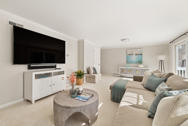 living area with baseboards, ornamental molding, a baseboard radiator, and light colored carpet