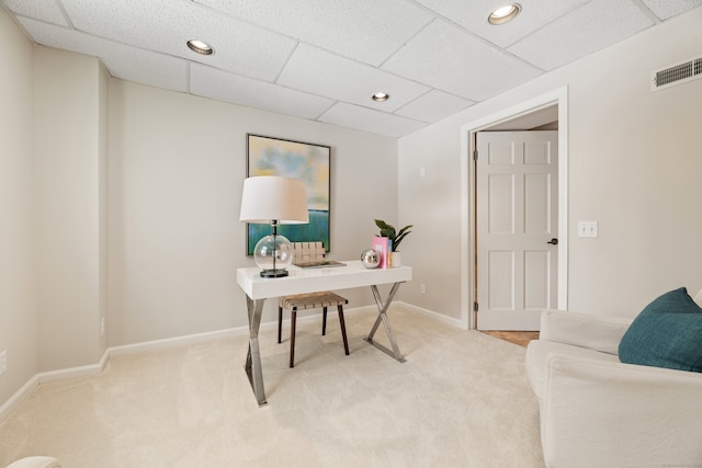 home office with recessed lighting, visible vents, light carpet, and baseboards