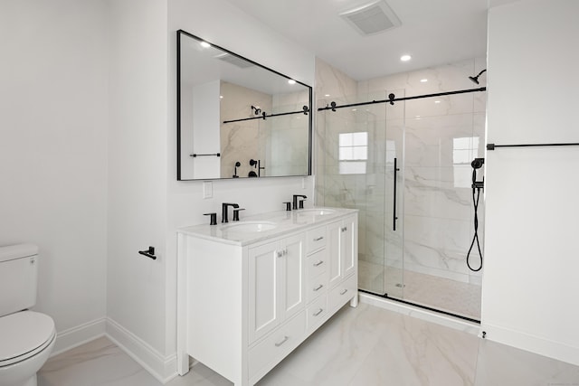 full bathroom with baseboards, visible vents, toilet, marble finish floor, and a sink