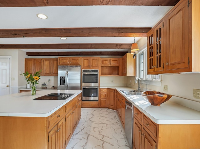 kitchen with beam ceiling, brown cabinets, appliances with stainless steel finishes, marble finish floor, and a sink