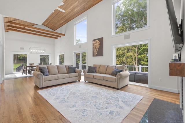 living room featuring an inviting chandelier, high vaulted ceiling, light hardwood / wood-style floors, wooden ceiling, and beamed ceiling