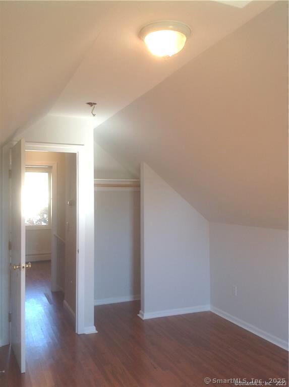 additional living space with vaulted ceiling and dark hardwood / wood-style flooring