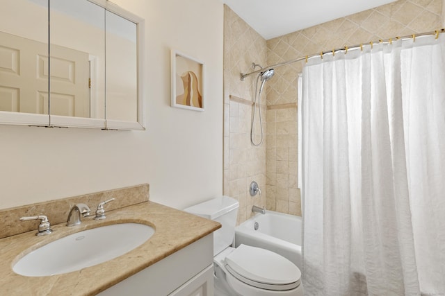 bathroom featuring toilet, shower / bathtub combination with curtain, and vanity