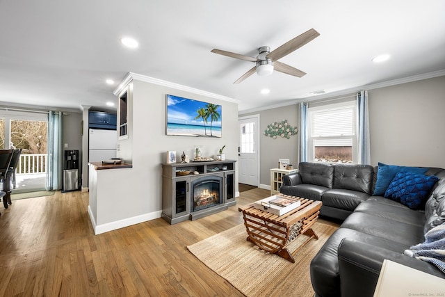 living room with hardwood / wood-style floors, a healthy amount of sunlight, and crown molding