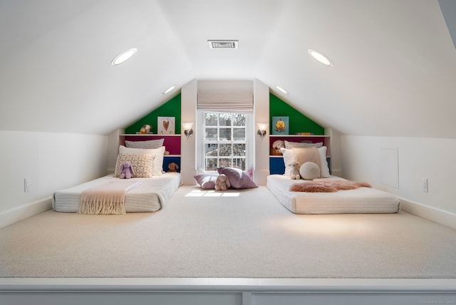 carpeted bedroom featuring recessed lighting, visible vents, vaulted ceiling, and baseboards