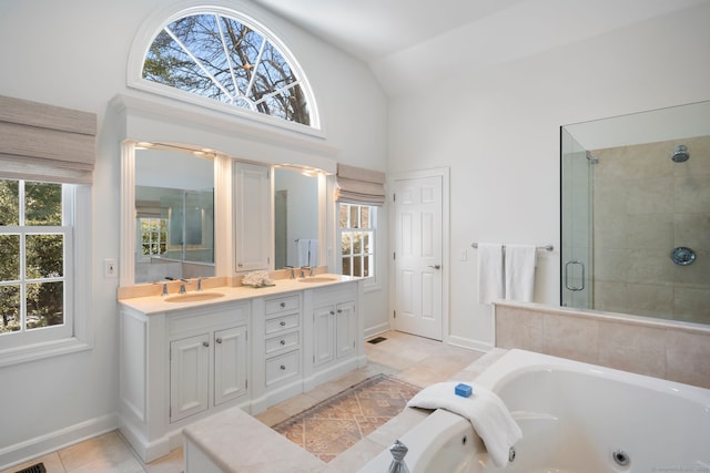 bathroom with lofted ceiling, a stall shower, plenty of natural light, and a sink