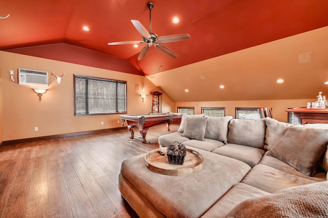 playroom with a wall unit AC, vaulted ceiling, billiards, baseboards, and hardwood / wood-style flooring