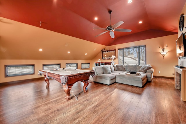 game room featuring a ceiling fan, vaulted ceiling, wood finished floors, billiards, and baseboards