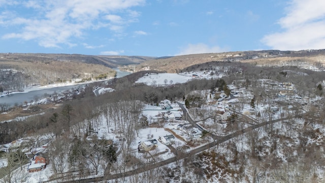 snowy aerial view with a mountain view