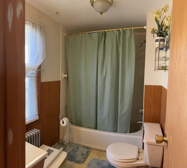 full bath featuring radiator and shower / bathtub combination with curtain