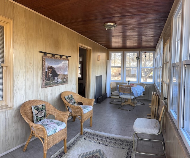 sunroom with wooden ceiling