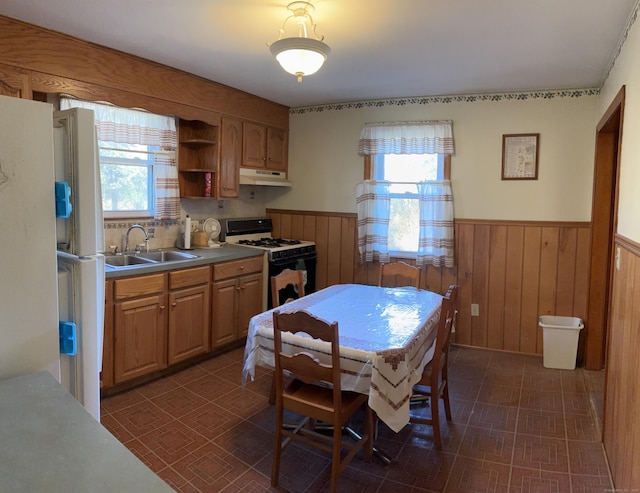 kitchen featuring a wainscoted wall, a sink, gas range oven, wood walls, and under cabinet range hood