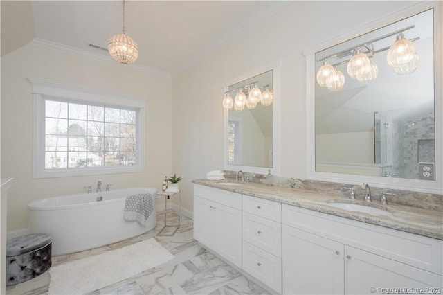 full bathroom with double vanity, a soaking tub, ornamental molding, a sink, and marble finish floor