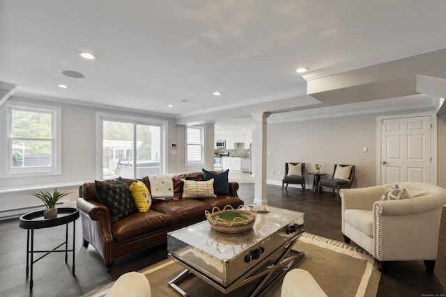 16 Whitehall Pl, Farmington, CT 06032 - living area featuring decorative columns, ornamental molding, recessed lighting, and baseboards
