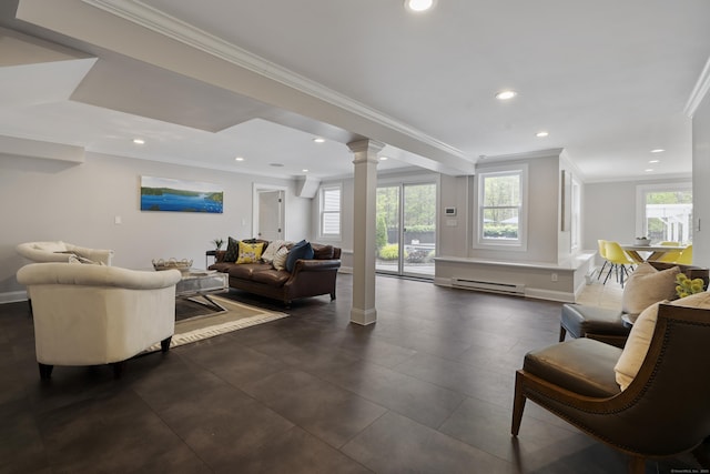 16 Whitehall Pl, Farmington, CT 06032 - living room with crown molding, plenty of natural light, baseboard heating, recessed lighting, and baseboards