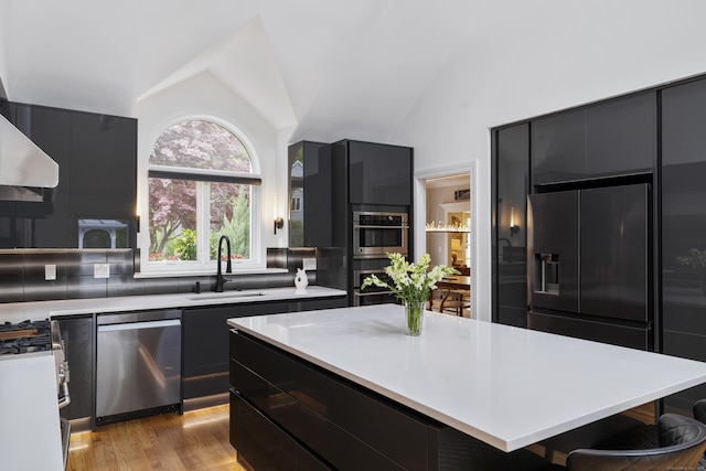 16 Whitehall Pl, Farmington, CT 06032 - kitchen with stainless steel appliances, a sink, dark cabinetry, modern cabinets, and light countertops