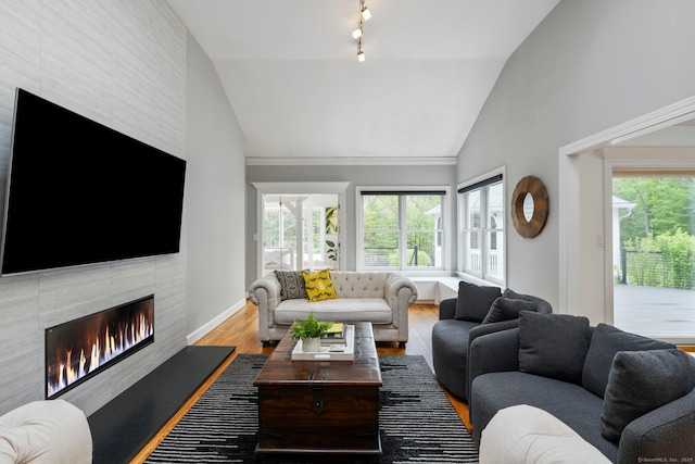 16 Whitehall Pl, Farmington, CT 06032 - living area with healthy amount of natural light, a tile fireplace, wood finished floors, baseboards, and high vaulted ceiling