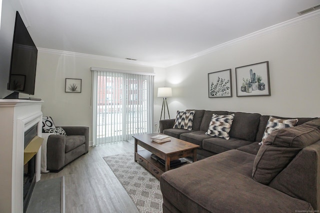 living room with crown molding and light hardwood / wood-style flooring