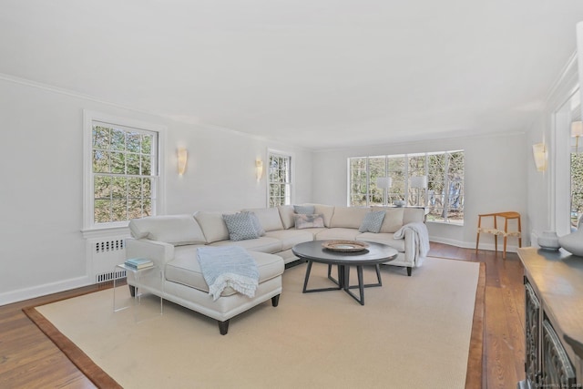 living room with radiator heating unit, crown molding, baseboards, and wood finished floors