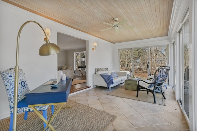 bedroom featuring light tile patterned floors, wooden ceiling, a ceiling fan, and crown molding