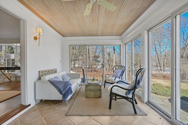 sunroom / solarium with wood ceiling and ceiling fan