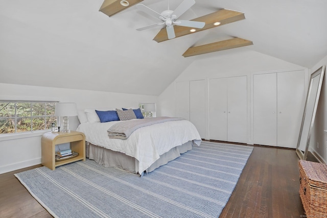 bedroom with multiple closets, lofted ceiling, a ceiling fan, and wood finished floors