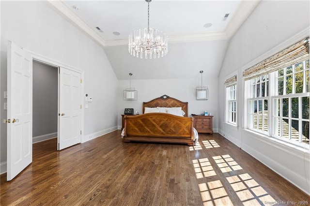 bedroom featuring dark hardwood / wood-style flooring, vaulted ceiling, an inviting chandelier, and crown molding