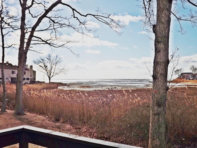 view of yard with a view of the beach and a water view