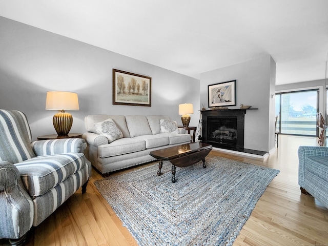 living area with a fireplace with raised hearth and wood finished floors