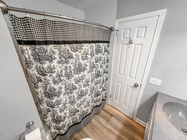 bathroom featuring vanity, curtained shower, and wood finished floors