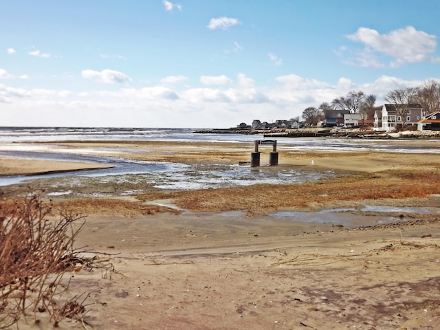view of yard featuring a water view and a beach view