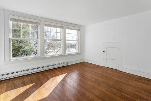 spare room featuring dark wood-style flooring, baseboards, and baseboard heating