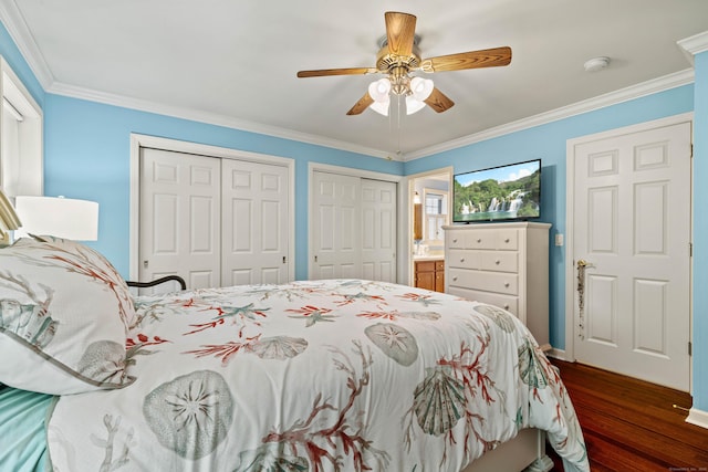 bedroom featuring ceiling fan, crown molding, dark hardwood / wood-style flooring, and multiple closets